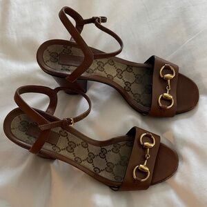 Gucci Brown Leather Horsebit Heeled Sandals